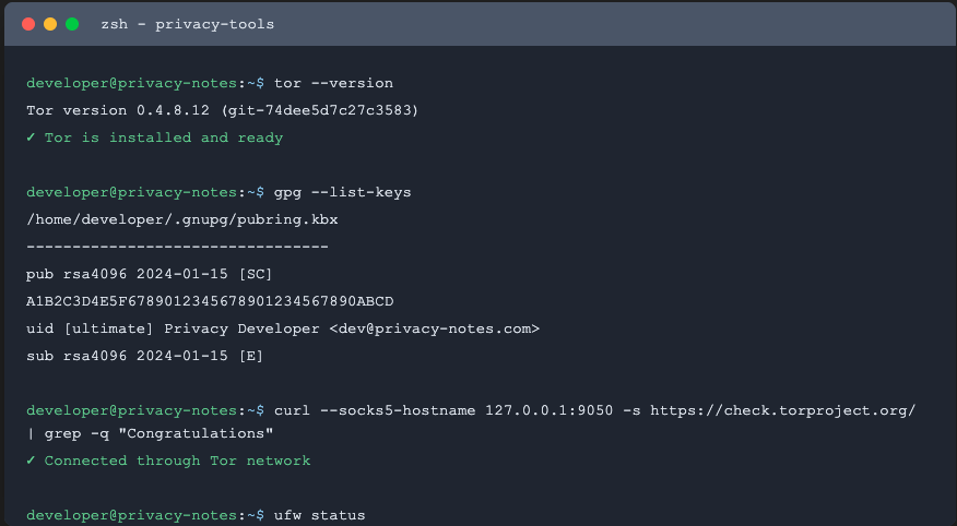 Developer terminal showing privacy and security tools